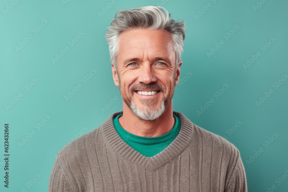 Obraz premium Close-up portrait photography of a grinning mature man wearing a cozy sweater against a pastel green background. With generative AI technology