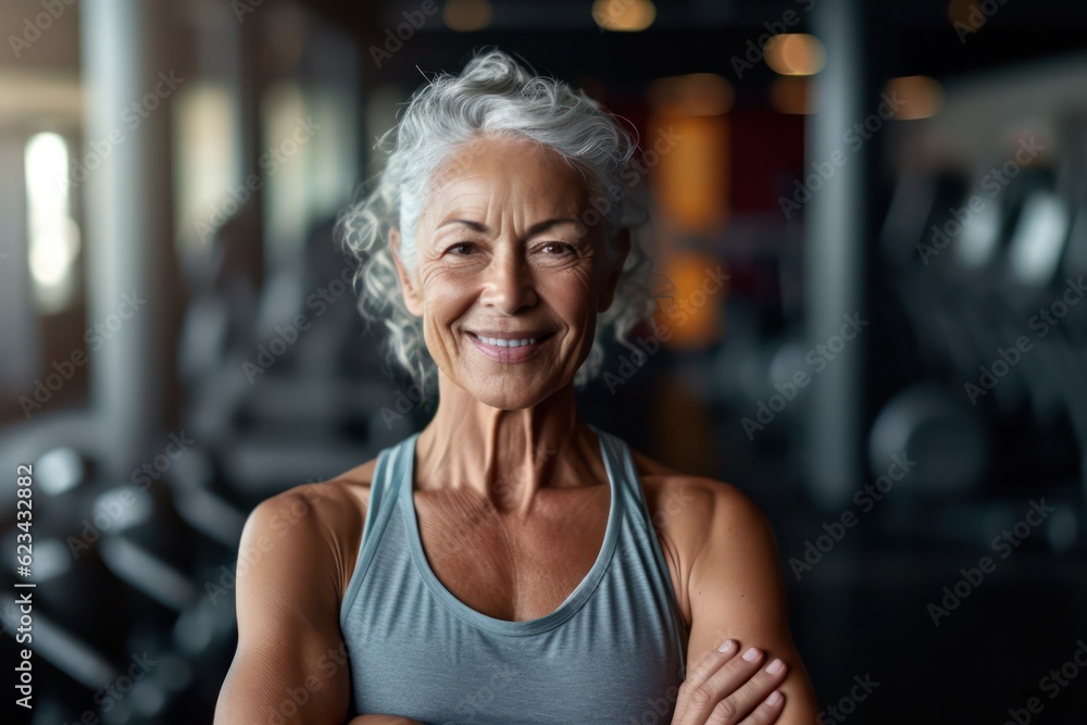 Fototapeta premium Portrait of senior lady, woman working out gym fitness, fitness concept, woman. Senior healthy lifestyle