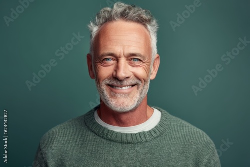 Close-up portrait photography of a grinning mature man wearing a cozy sweater against a pastel green background. With generative AI technology © Markus Schröder