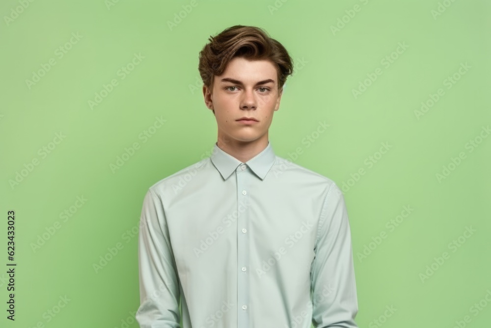 Medium shot portrait photography of a beautiful boy in his 20s wearing an elegant long-sleeve shirt against a pastel green background. With generative AI technology Medium shot portrait photography of a beautiful boy in his 20s wearing an elegant long-sleeve shirt against a pastel green background. With generative AI technology