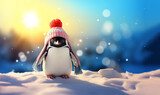 Funny cute portrait of an penguin wearing a winter cap and scarf standing in the snow of Antarctica, super cute and cozy winter concept background copy space