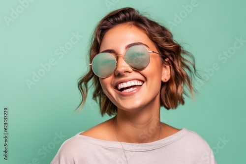 Wallpaper Mural Medium shot portrait photography of a joyful girl in her 20s wearing a trendy sunglasses against a pastel green background. With generative AI technology Torontodigital.ca