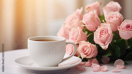 coffee cup and pink roses