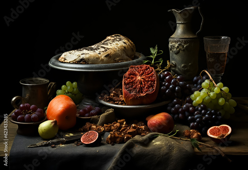 Heap of rotten unhealthy fruits and bread on abandoned Vintage table 