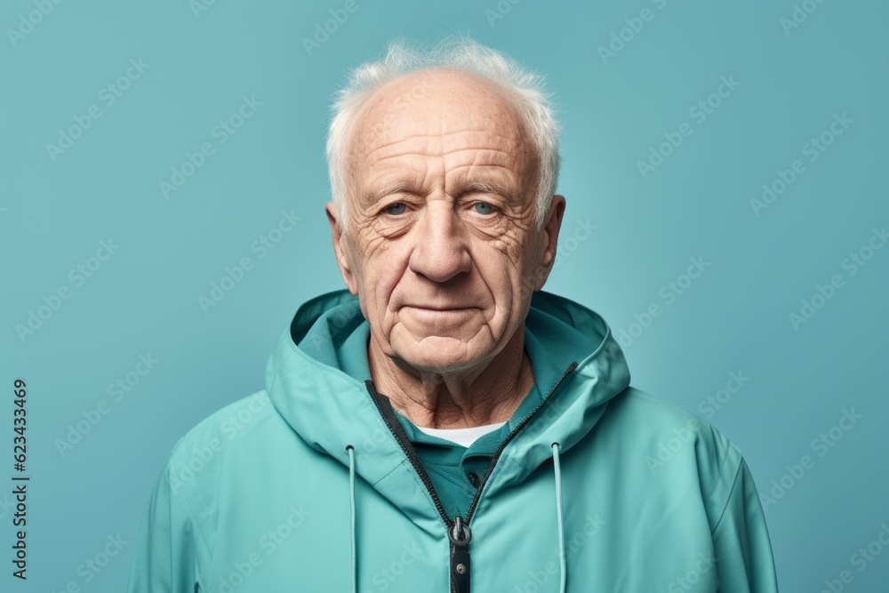 Headshot portrait photography of a satisfied old man wearing a cozy zip-up hoodie against a pastel green background. With generative AI technology Headshot portrait photography of a satisfied old man wearing a cozy zip-up hoodie against a pastel green background. With generative AI technology