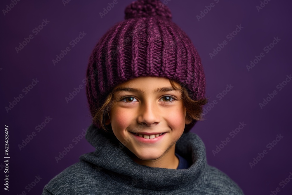 Close-up portrait photography of a satisfied kid male wearing a warm beanie or knit hat against a deep purple background. With generative AI technology Close-up portrait photography of a satisfied kid male wearing a warm beanie or knit hat against a deep purple background. With generative AI technology