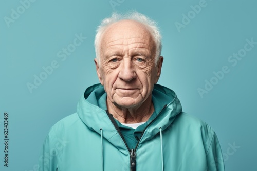 Headshot portrait photography of a satisfied old man wearing a cozy zip-up hoodie against a pastel green background. With generative AI technology