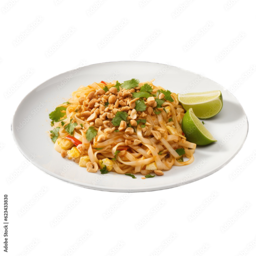 Vegetable Pad Thai isolated on transparent background. Generative AI