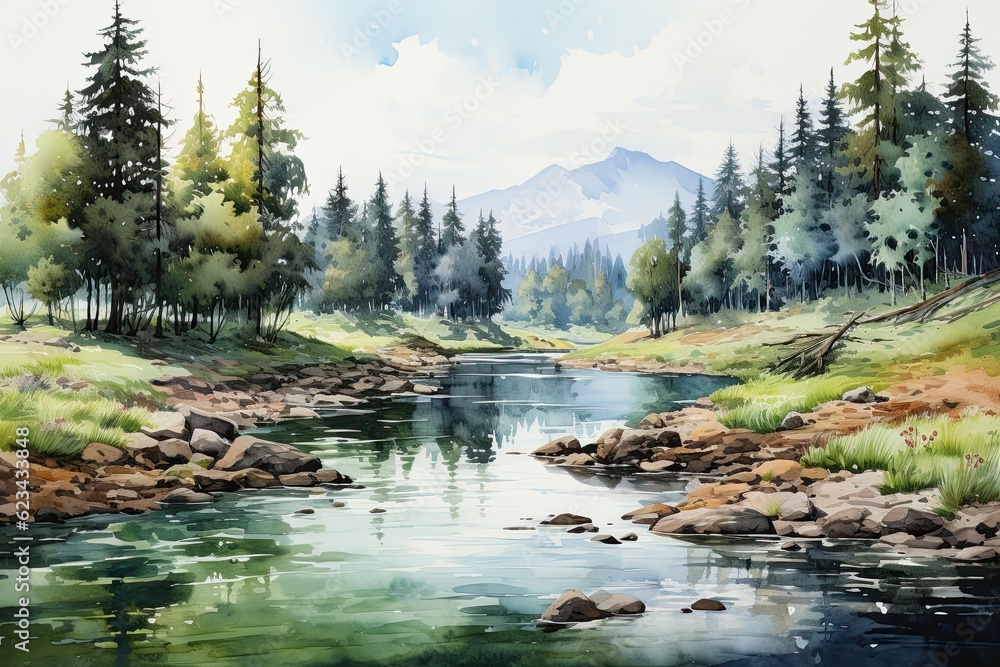 Fototapeta Watercolors of mountain landscapes #623433848