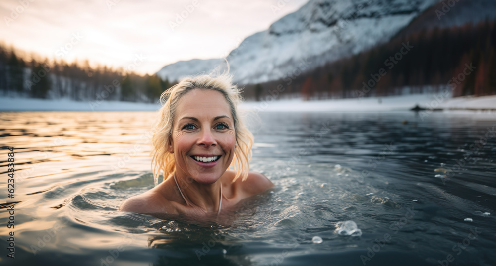 AI generated image of mature woman swimming on icy lake in winter AI generated image of mature woman swimming on icy lake in winter