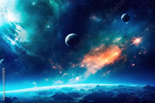 Space scene with planets  stars and galaxies. Horizontal view for a glass panels. Nebula and galaxy in deep space. Science fiction art. Generated AI