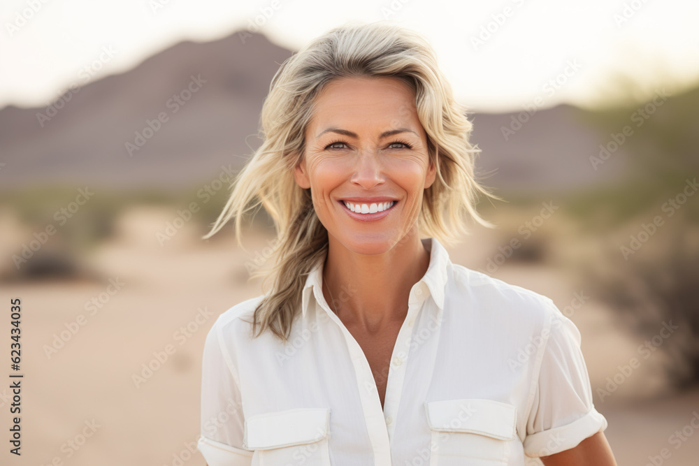 AI generated image of happy mature senior woman on beach or desert