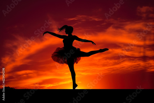 girl ballerina on the background of the sunset orange sky generative ai