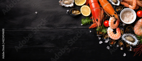 Exquisite Seafood Delights: Fresh Fish, Shrimp, Oysters, and Caviar on a Black Wooden Background. Top View with Free Copy Space