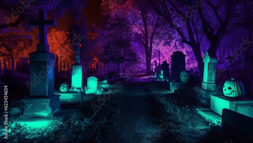 graveyard style halloween background with pumpkins with space for text