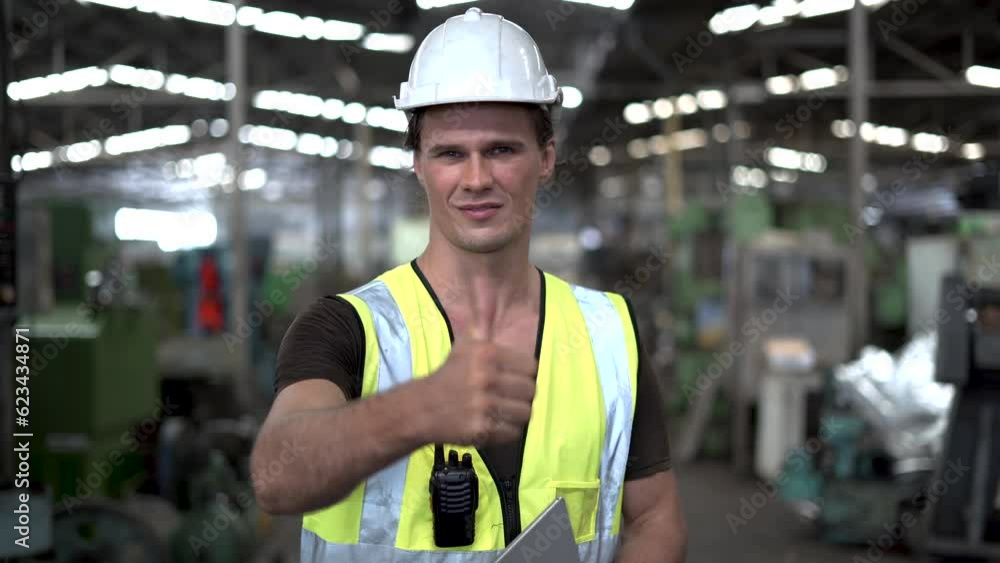 portrait of smiling and happy caucasian Industry engineer worker wearing safety uniform and hard hat holding tablet standing In Industrial Factory . show thumb up for good job portrait of smiling and happy caucasian Industry engineer worker wearing safety uniform and hard hat holding tablet standing In Industrial Factory . show thumb up for good job