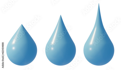 Blue 3D water drops on transparent background. Cut out graphic design elements. Aqua drop  liquid. Cartoon style droplet. 3D rendering.