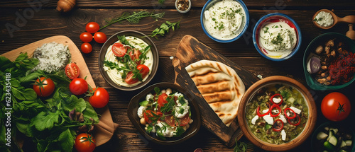 Traditional Greek Food Feast: Selection of Salad, Meze, Pie, Fish, Tzatziki, Dolma on Wooden Background, Top View