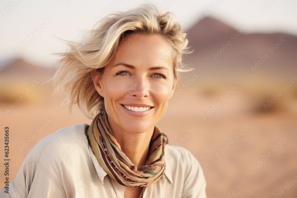 AI generated image of happy mature senior woman on beach or desert AI generated image of happy mature senior woman on beach or desert