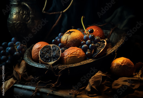 Heap of rotten unhealthy fruits and bread on abandoned Vintage table 