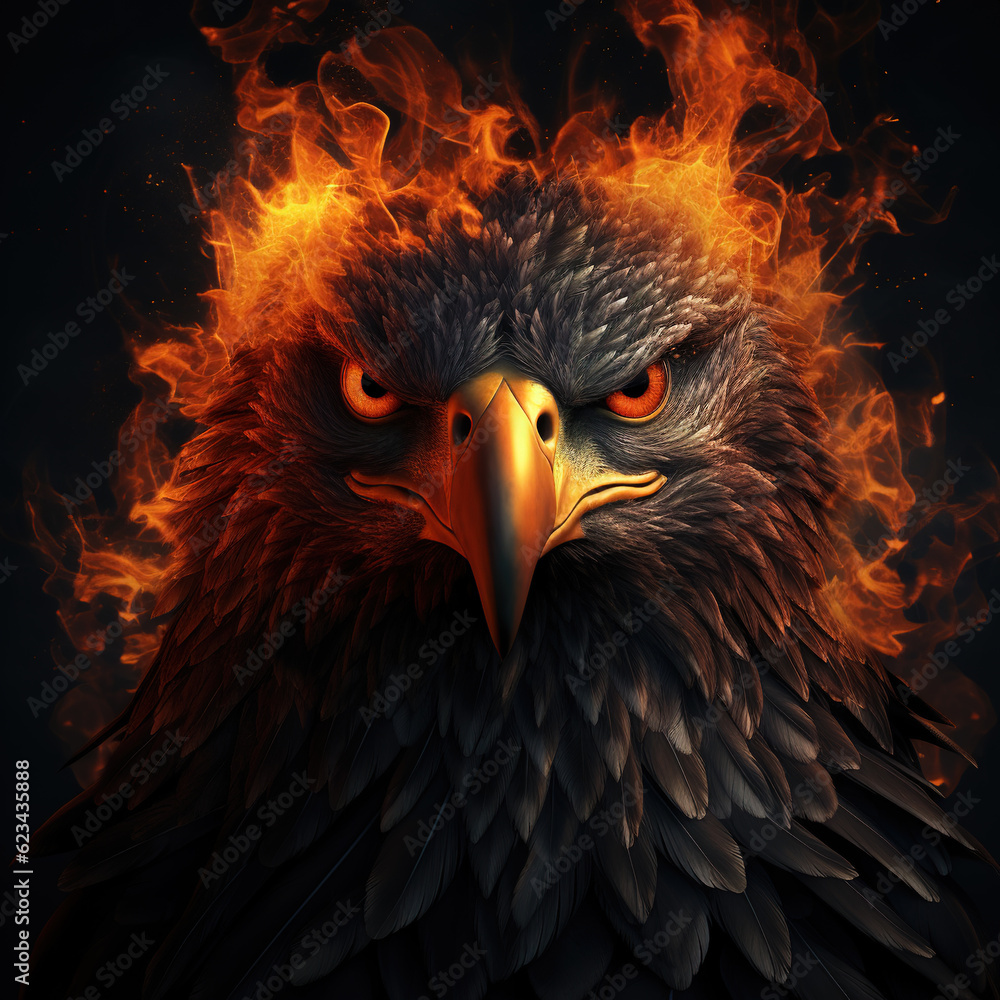Fototapeta premium Image of angry an eagle face and flames on dark background. Wildlife Animals. Illustration, Generative AI.