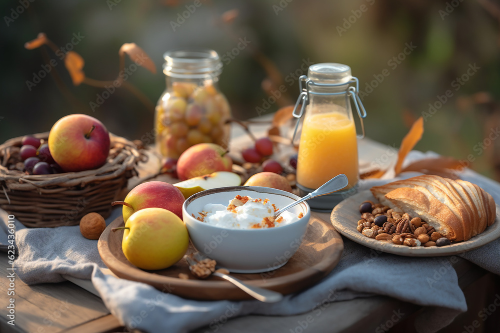 Sweet breakfast in an autumn park. Generative AI