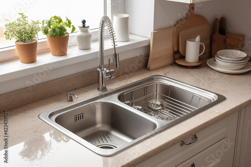 Empty sink near the window in a kitchen. Generative AI