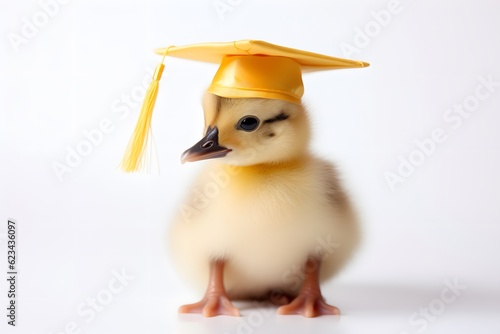 Duck in graduation hat over white background.