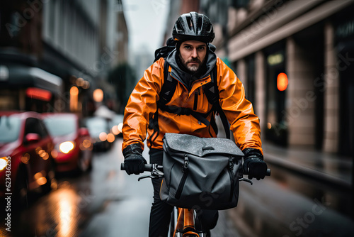 Delivery cyclist in the city on a rainy day