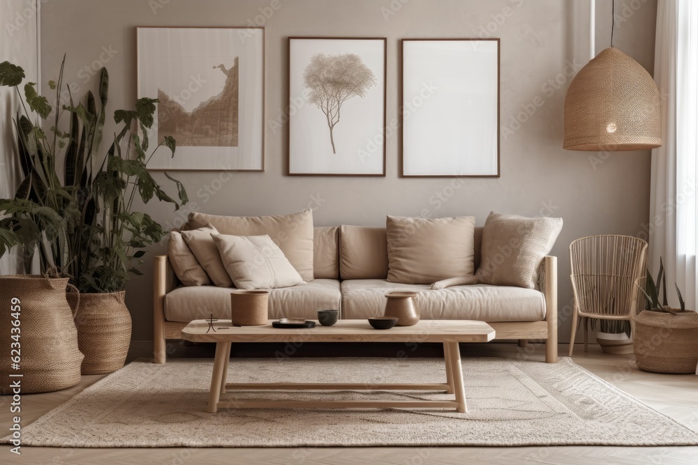 Fototapeta premium With a mock up poster frame, a beige wooden sideboard, and furnishings with a bohemian influence, this contemporary and creative beige living room is composed. Template. Generative AI