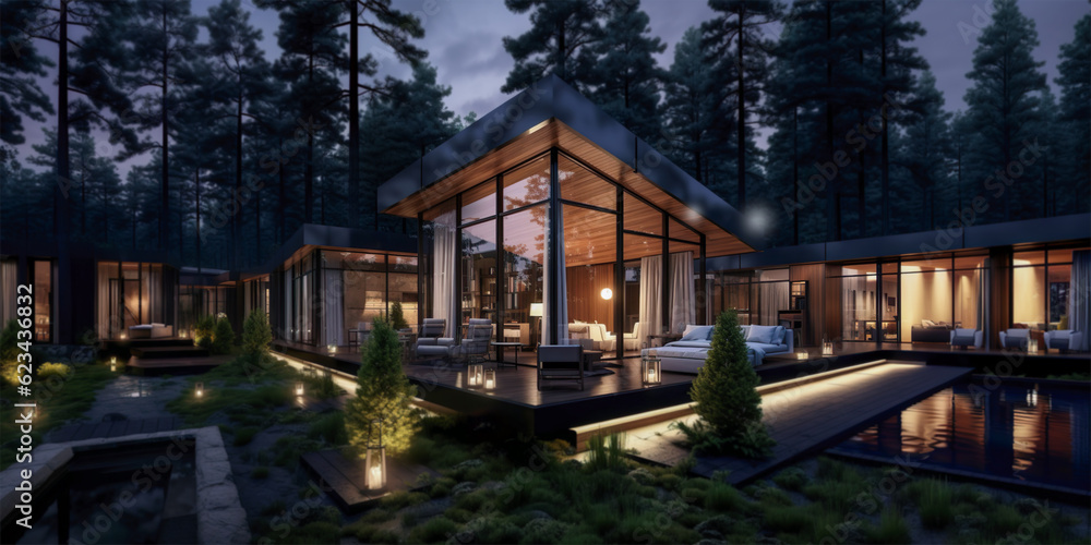 AI generated image of modern house in deep forest AI generated image of modern house in deep forest