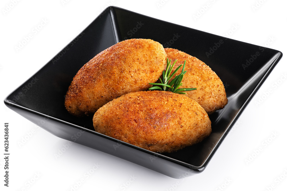 Breaded chicken Kiev cutlets. Fried chicken Cordon bleu in a bowl