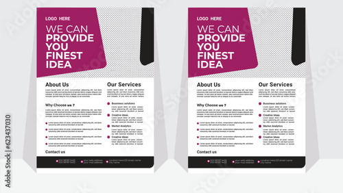 flyer design template use vertical layout. poligon  space for photo collage. Green and blue color of element variation which can be selected. white background.