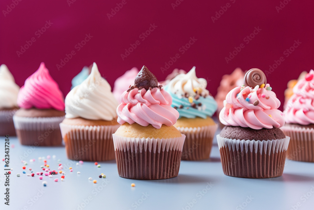 Assorted decorated cupcakes with sweet frosting. Generative AI image.