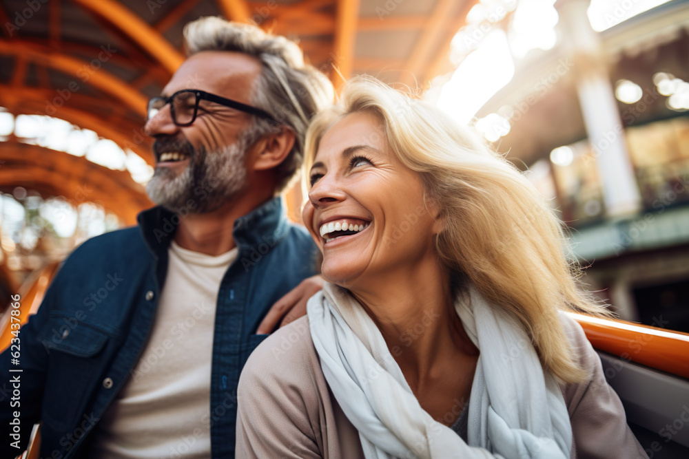 AI generated image of happy mature couple in amusement park AI generated image of happy mature couple in amusement park