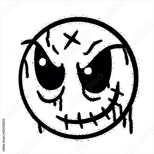 Graffiti grunge face. Cartoon aerosol fun expression. Spray funky paint art with leak and dot. Street art and urban vandalism symbol. Black grungy spill character isolated on white