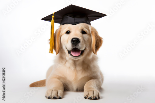 Leinwand Poster golden retriever in graduation hat on white background