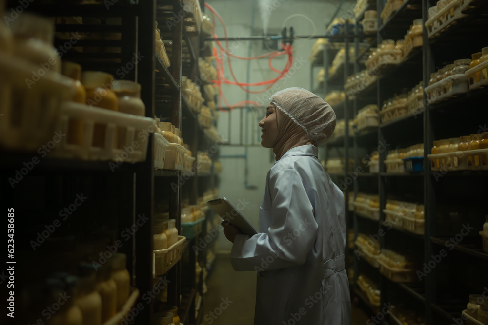 Young asian muslim female scientist doing research at a mushroom factory, examining mushroom leavening agent in a sterile and temperature-controlled room.