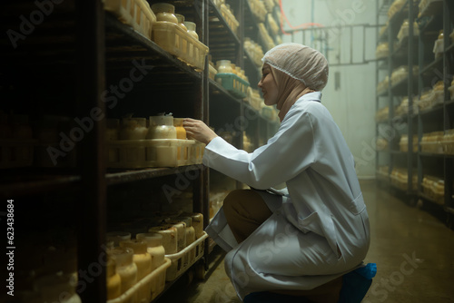 Young asian muslim female scientist doing research at a mushroom factory, examining mushroom leavening agent in a sterile and temperature-controlled room.