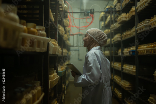 Young asian muslim female scientist doing research at a mushroom factory, examining mushroom leavening agent in a sterile and temperature-controlled room. © Wosunan