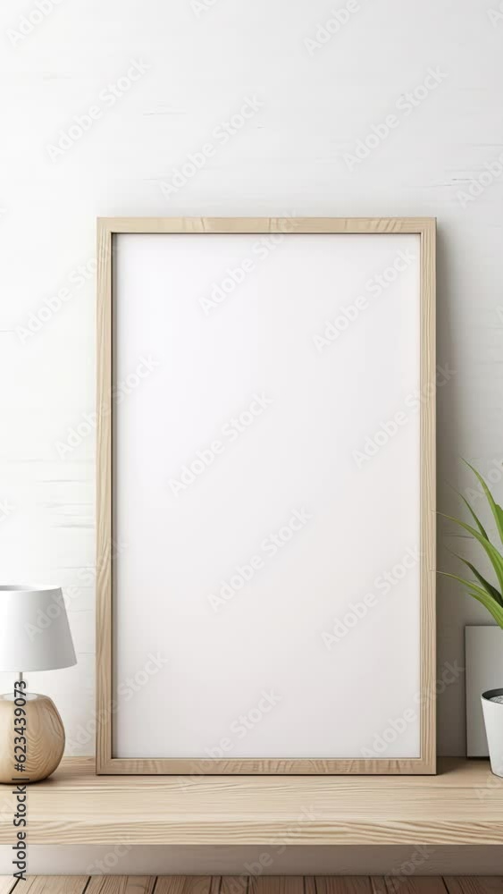 Video mockup, picture frame blank template, poster print wooden frame mock up, artwork painting photo presentation, vertical, cozy living room, minimalist aesthetic Video mockup, picture frame blank template, poster print wooden frame mock up, artwork painting photo presentation, vertical, cozy living room, minimalist aesthetic