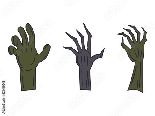 A set of zombie hands isolated on a white background. Collection of rotten hands with damage. Hands from the graves. Dried human hands. Halloween decoration.