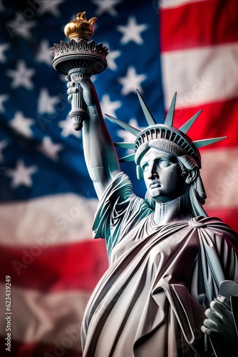 Statue of Liberty with flag of the United States of America. Independence Day. Poster. Generated AI