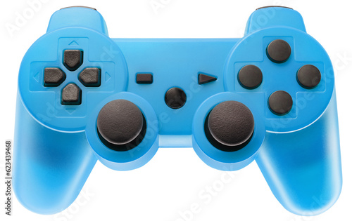 Blue gaming controller isolated on white background. photo