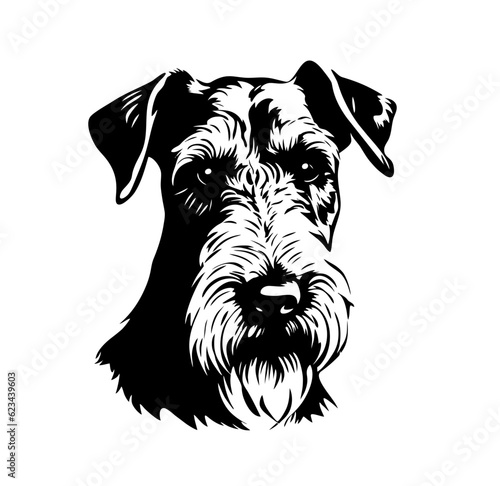 Vector isolated one single sitting Airedale Terrier dog head front view black and white bw two colors silhouette. Template for laser engraving or stencil, print for t shirt