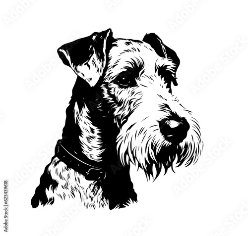 Vector isolated one single sitting Airedale Terrier dog head front view black and white bw two colors silhouette. Template for laser engraving or stencil, print for t shirt