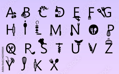 Cooking Alphabet. Culinary font  capital letters  tools  food and drink. 