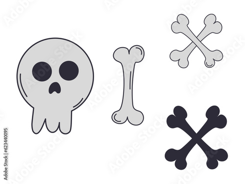 Set of skull and bones. Vector icon. Halloween elements. Mortal symbol. Cartoon Style.