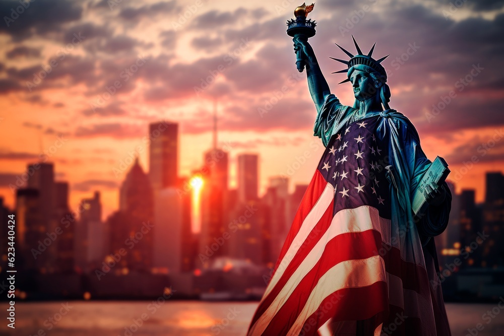 Obraz premium Statue of Liberty with the flag of the United States of America on the background New York city. Independence Day. AI generated