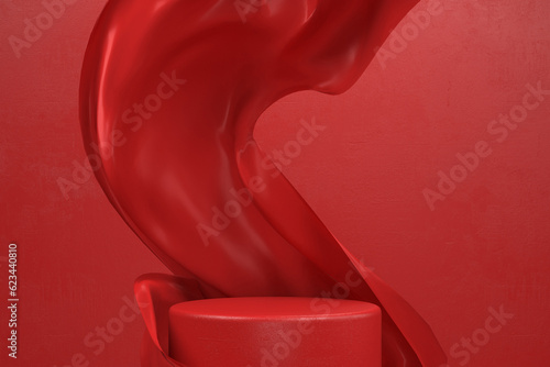 Abstract red fabric podium presentation stand with abstract luxury beauty cloth design for cosmetic or product display podium 3D render.	